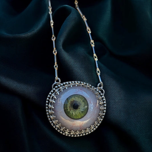 Eye see you~Hand crafted sterling & fine silver prosthetic green eye necklace ~