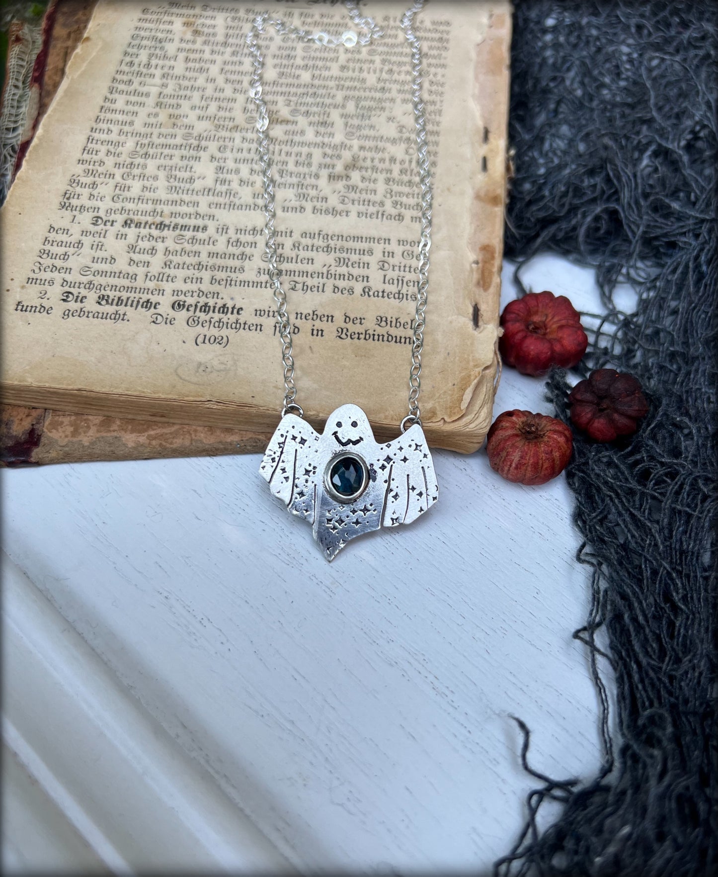 Ghostie~ hand crafted sterling silver rose cut blue tourmaline ghost necklace~