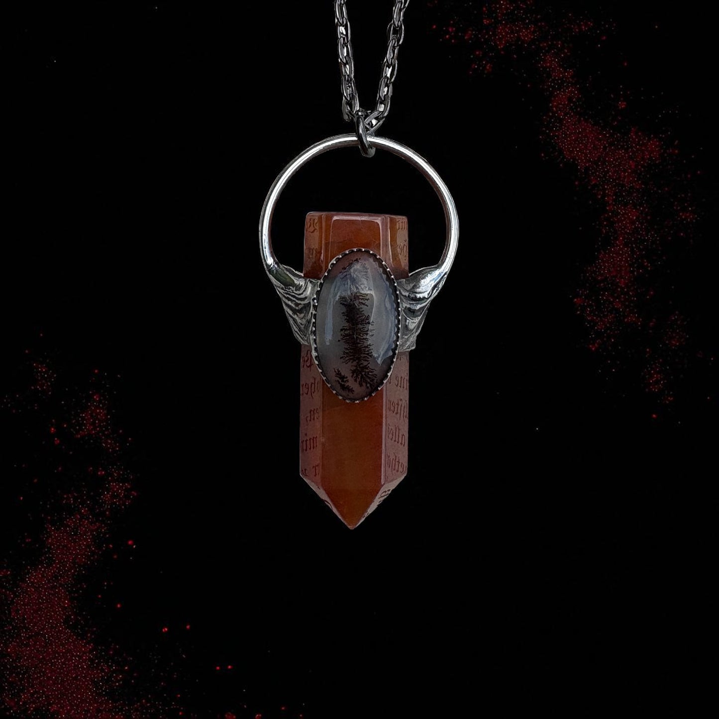 Handcrafted, red carnelian and dendritic agate Tiffany technique Crystal Tasman necklace-