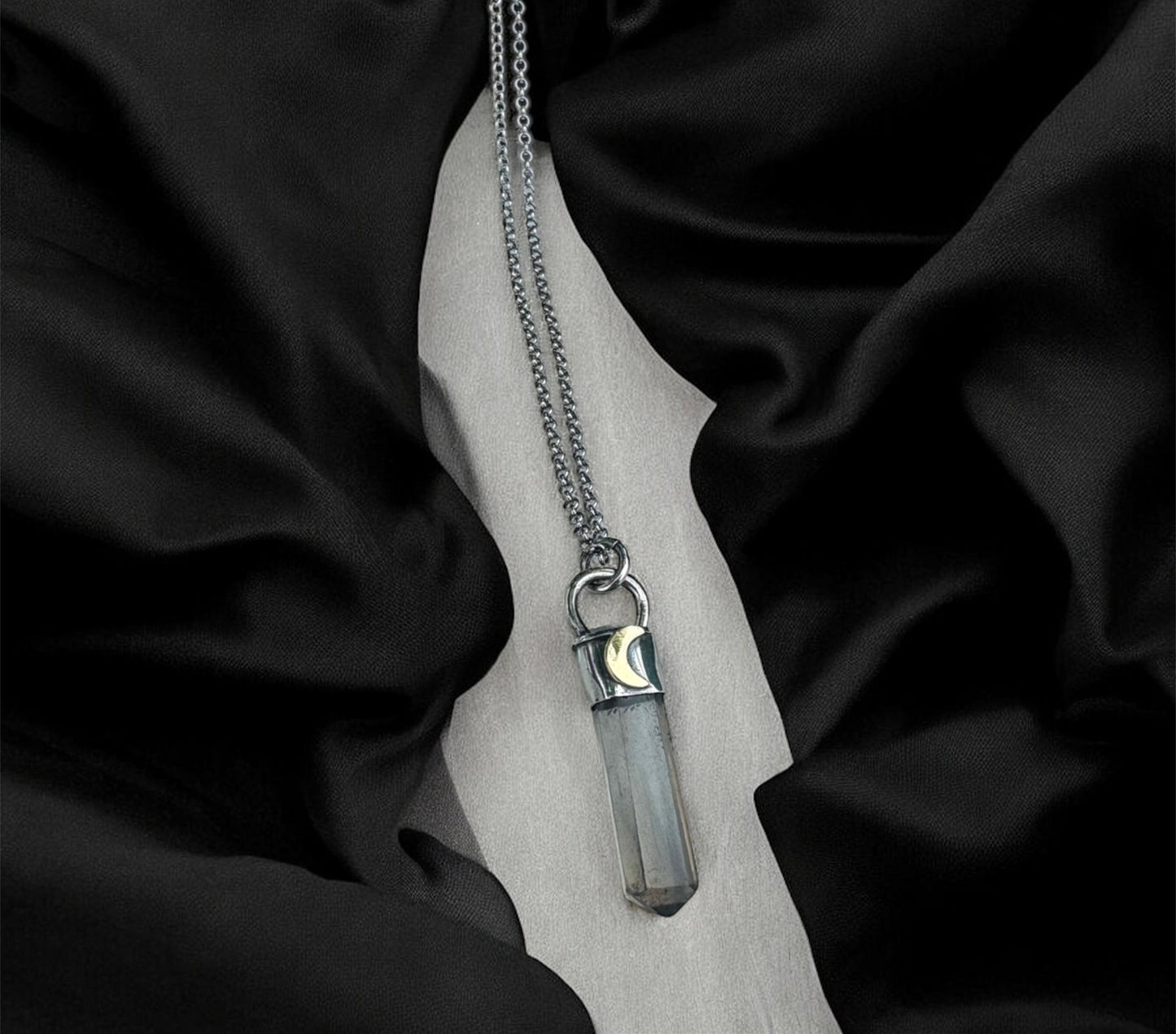 Moon in Shadow~ Hand crafted Smoky Quartz Crescent Moon Talisman | Dark Crystal Pendant | Sterling Silver & Copper Witch Necklace~