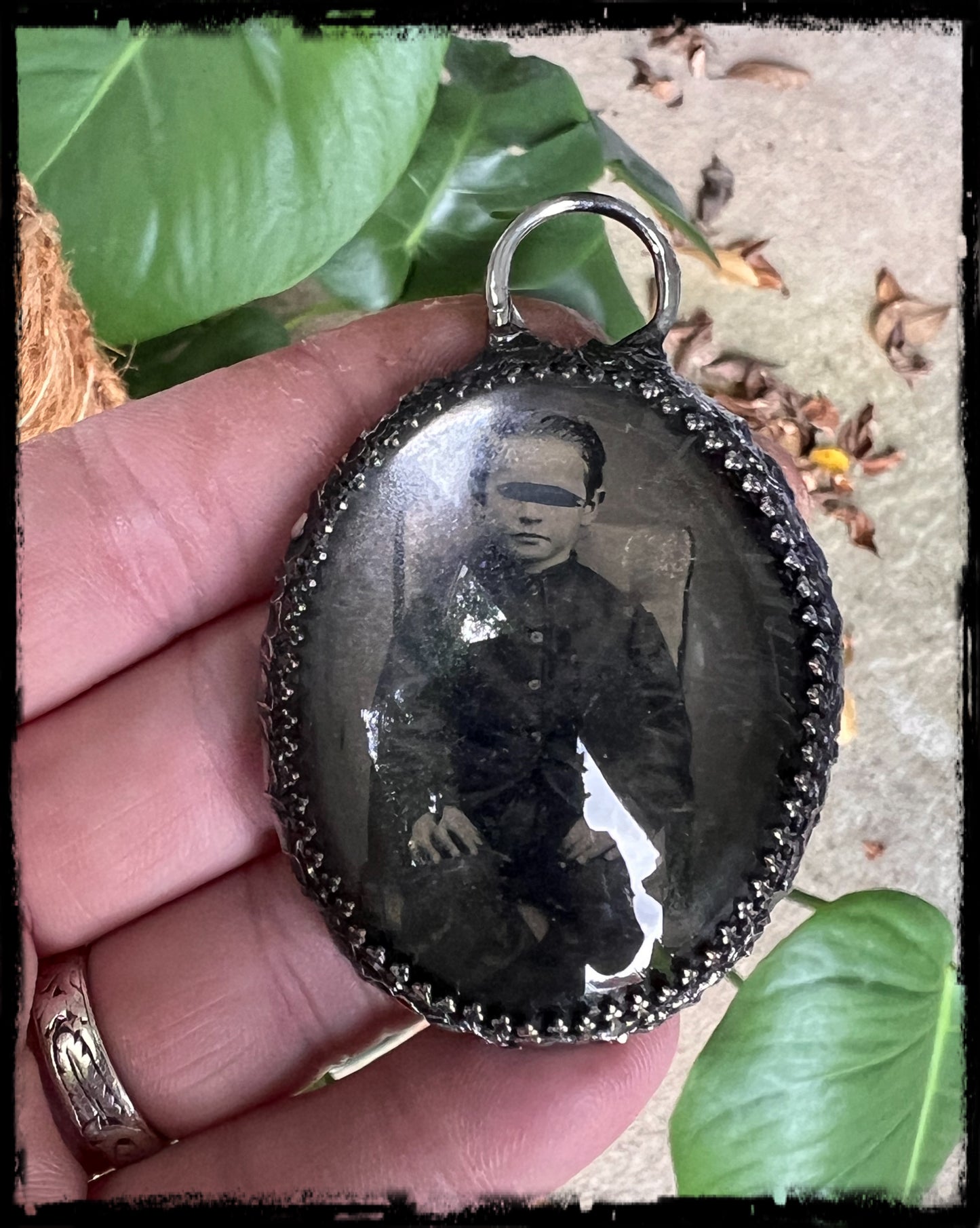 Lost souls~ Creepy Victorian boy tintype photo under glass Tiffany techniqueblack rosary bead chain necklace~