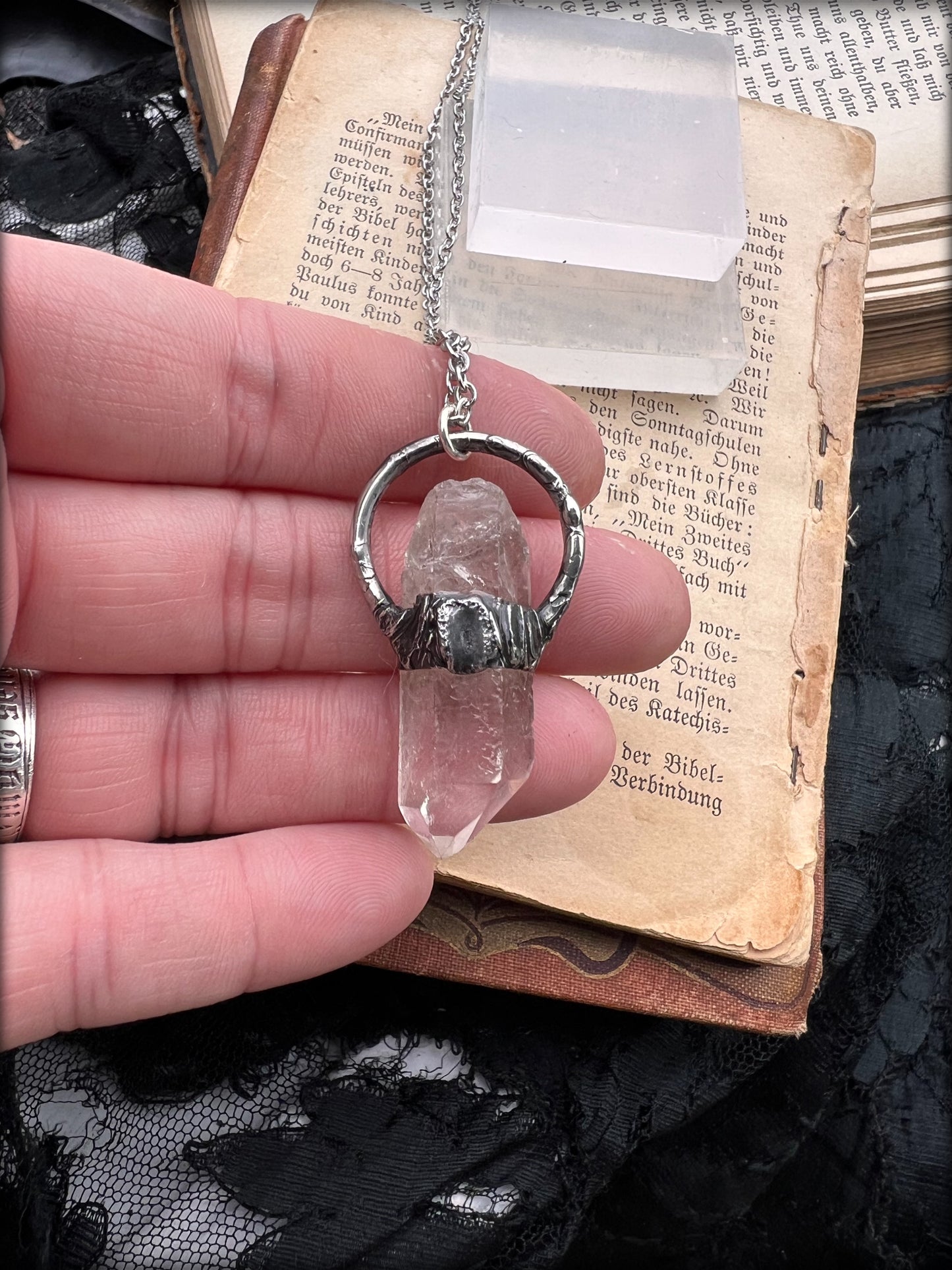Arkansas clear quartz brutalist style Tiffany Technique crystal layering necklace~