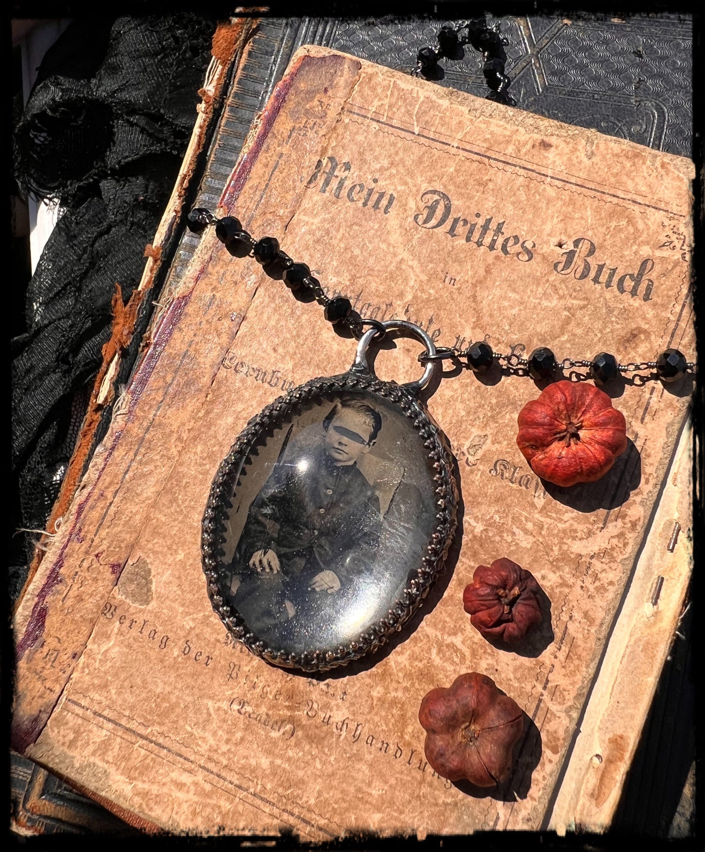 Lost souls~ Creepy Victorian boy tintype photo under glass Tiffany techniqueblack rosary bead chain necklace~