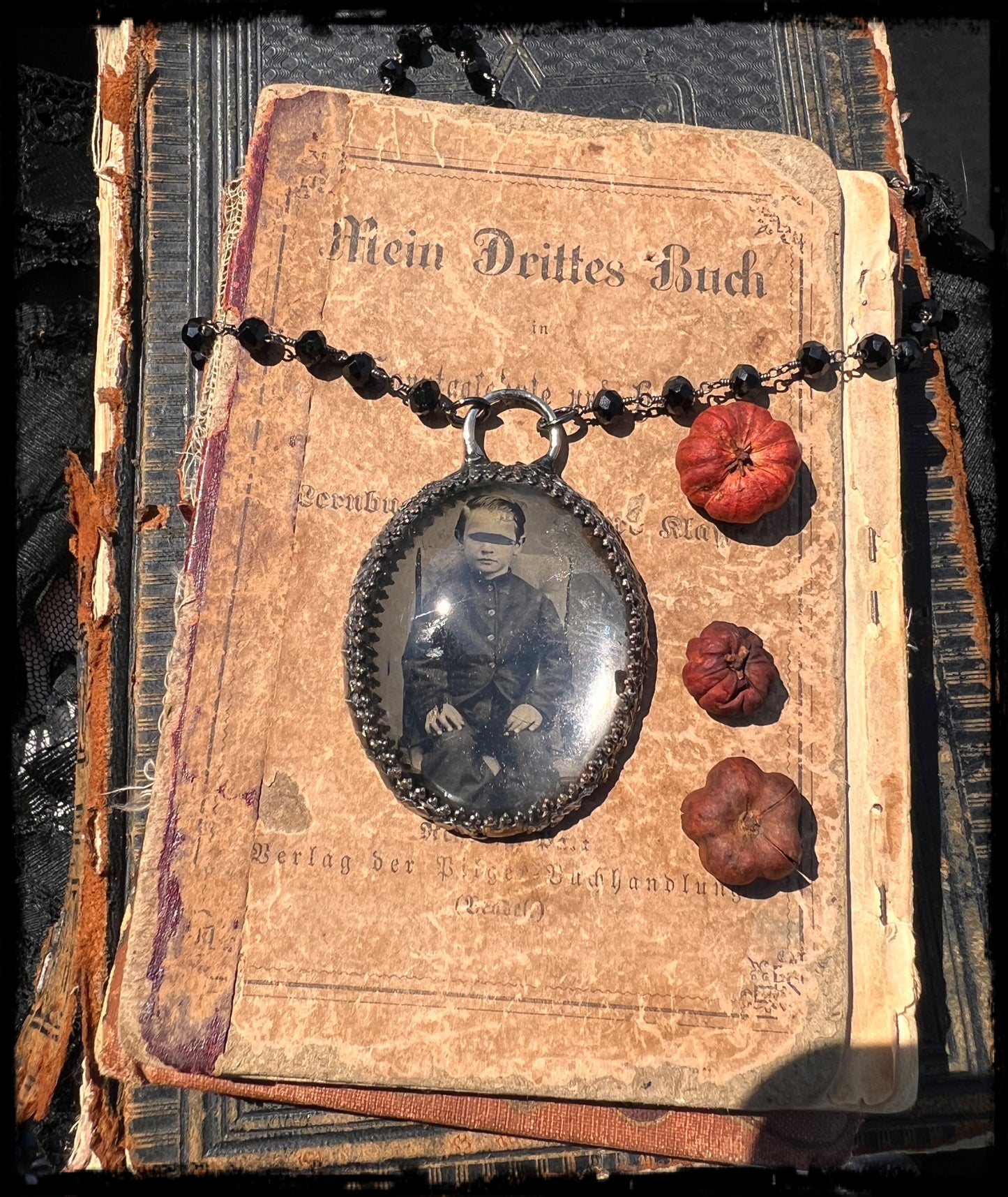 Lost souls~ Creepy Victorian boy tintype photo under glass Tiffany techniqueblack rosary bead chain necklace~