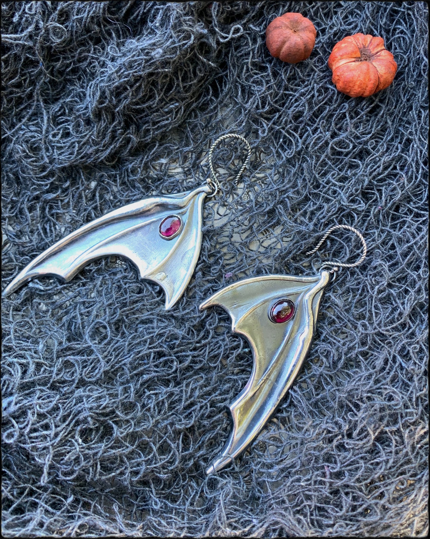 Sterling silver Batwing garnet earrings~ lost wax casted ~ - Paletree Arcana
