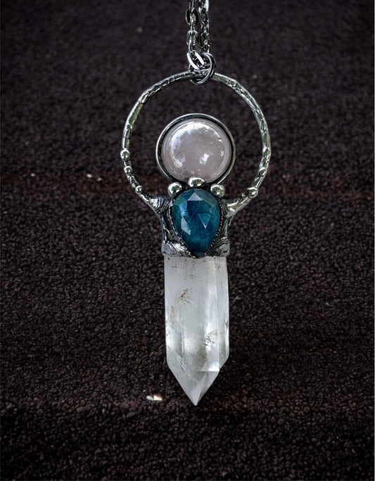 “Celestara Pendant – blue Apatite doublet ,clear Quartz & Angel Aura Crystal Necklace”