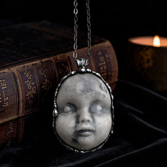 Baby creep~porcelain creepy baby doll face Tiffany technique necklace~