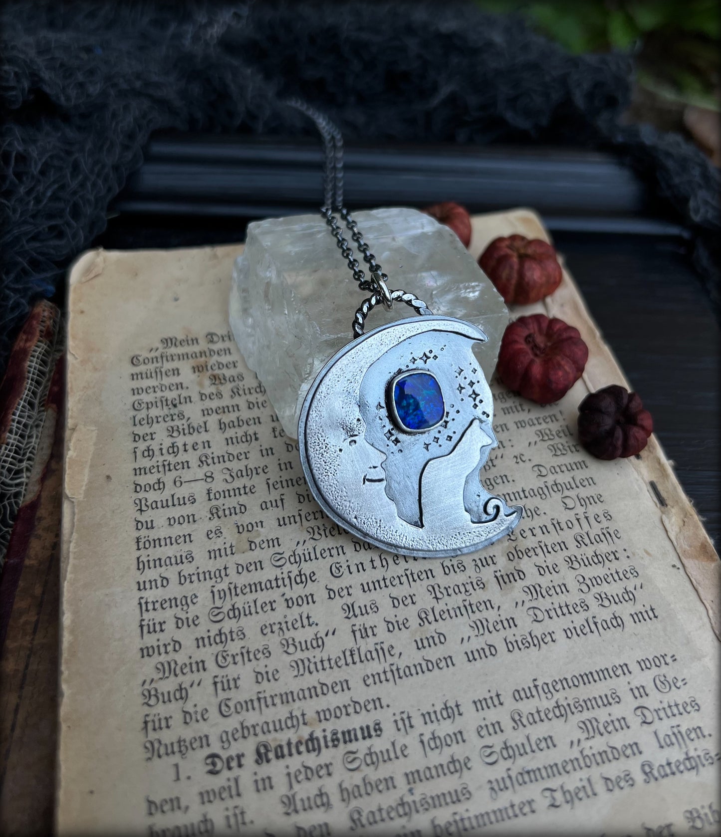 Dream a little dream~Sterling silver crescent man in the moon & cat boulder opal necklace ~