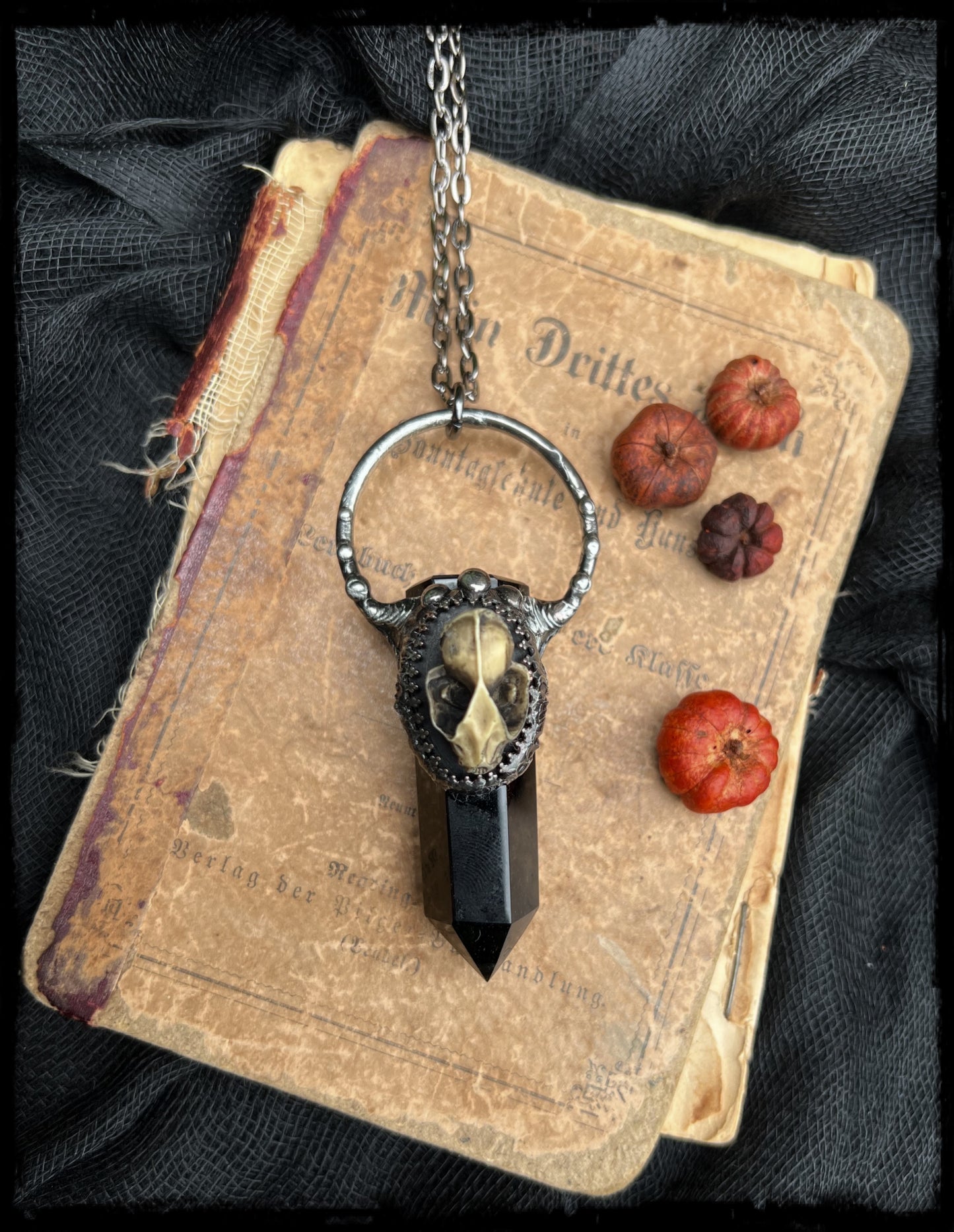 Bella Morte' obsidian bat skull cameo necklace~