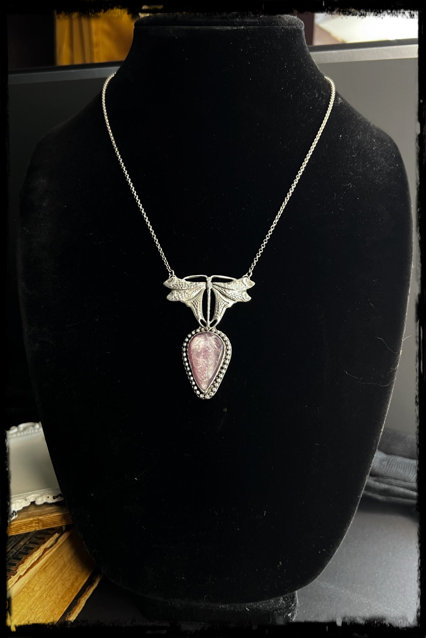 Meadow Dark~Hand crafted Sterling dragonfly with spider webbed wing detailing Lepidolite statement pendant necklace~