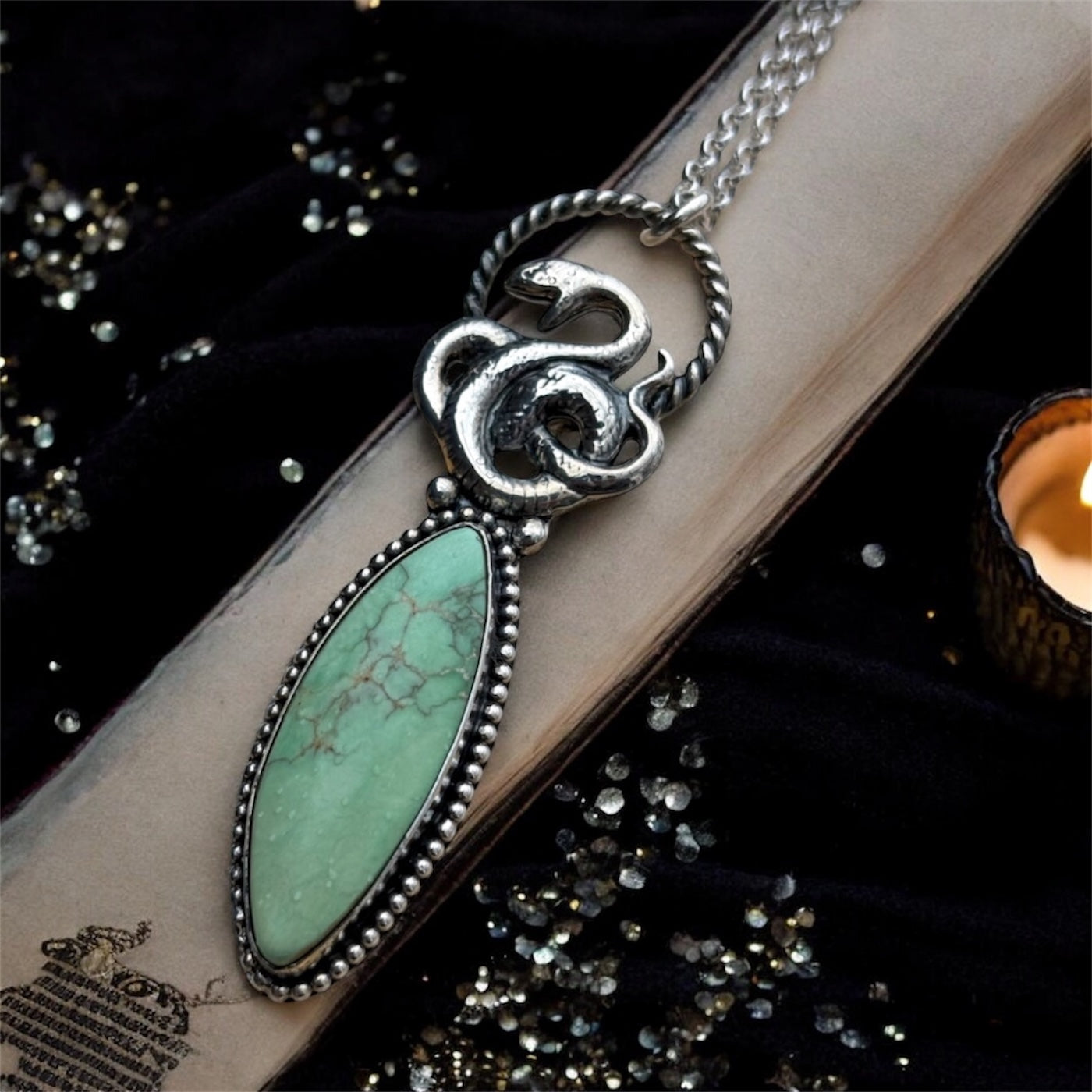 The Serpent’s Guardian | Handcrafted Sterling Silver & Green Variscite Turquoise Pendant
