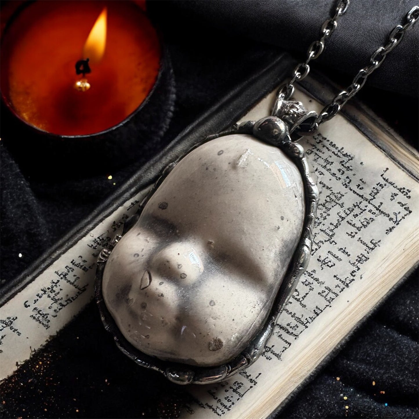 Baby creep~porcelain creepy baby doll face Tiffany technique necklace~