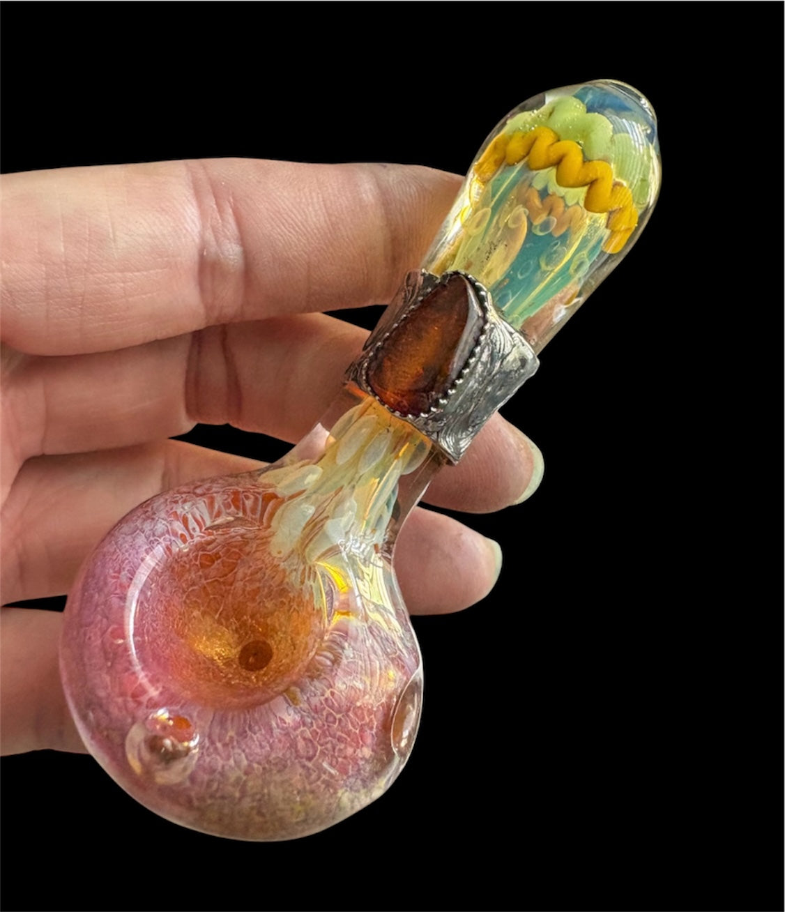 Stoned Alchemy -Ceremonial herb vessel(pipe)molten metal & baltic Amber