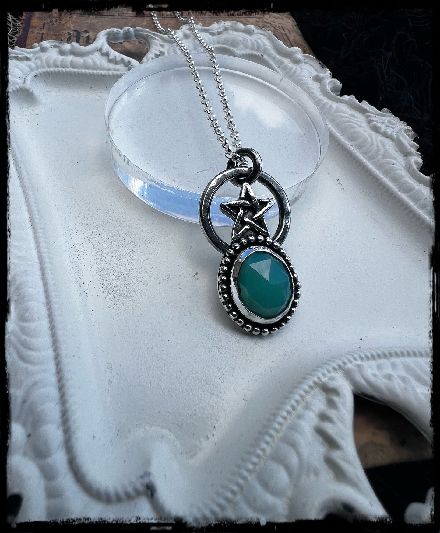 Green Witch ~Sterling silver pentagram Chrysoprase layering pendant with necklace~