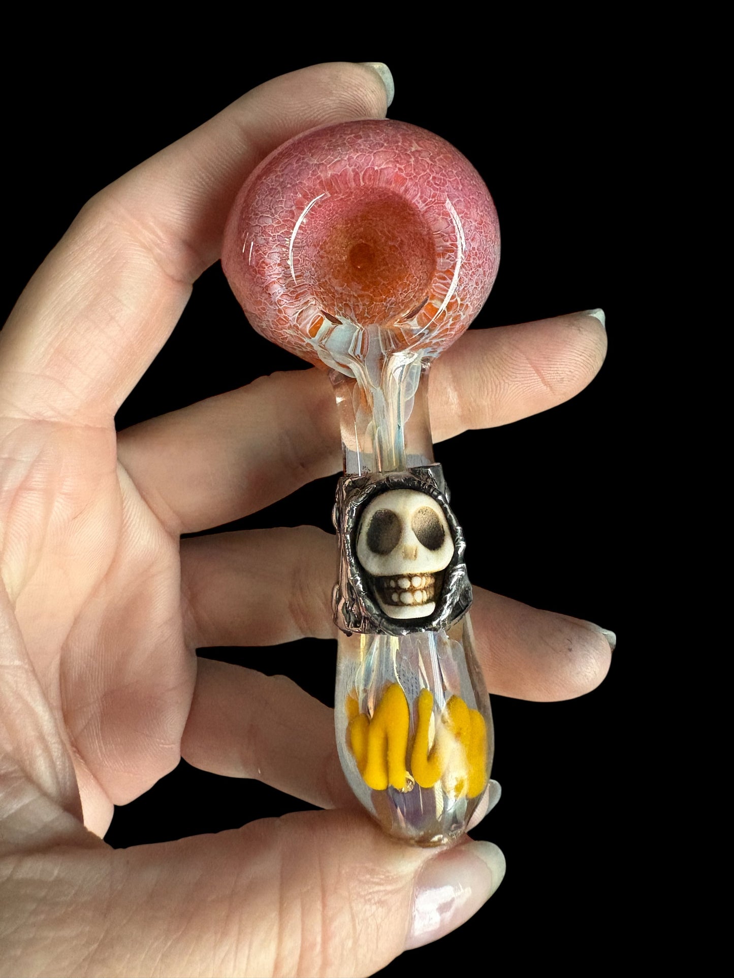 Stoned Alchemy -Ceremonial herb vessel(pipe)molten metal & howlite carved skull-