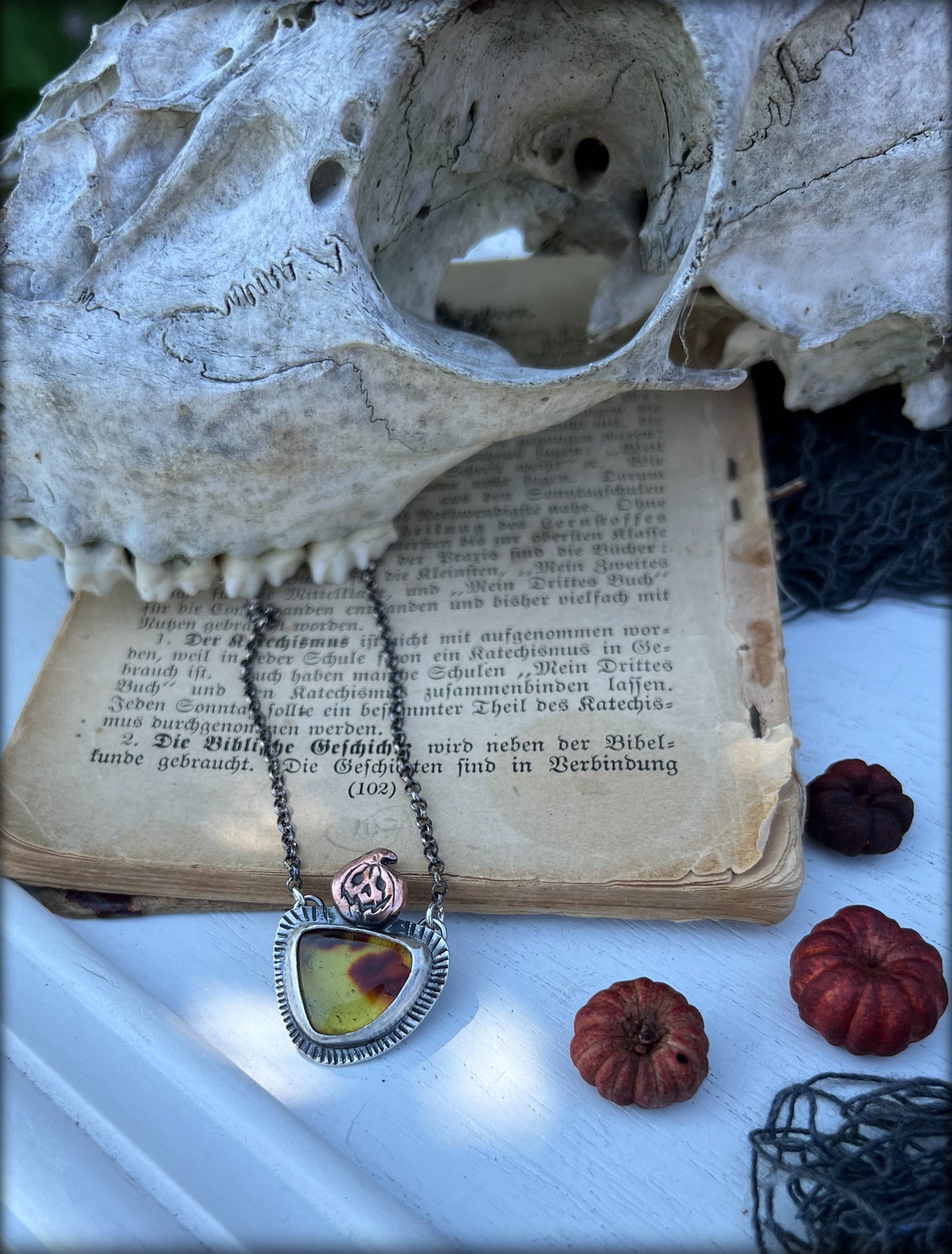 Forever Autumn~sterling silver & copper jack-o’-lantern & baltic Amber sterling silver necklace~