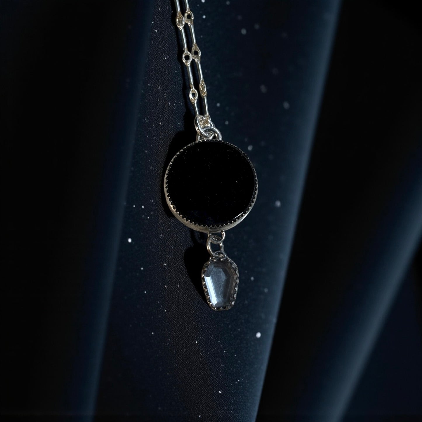 -The Unseen Pact -obsidian scrying mirror with reverse pentacle & ￼coffin cut clear quartz hanging setting Sterling silver necklace-