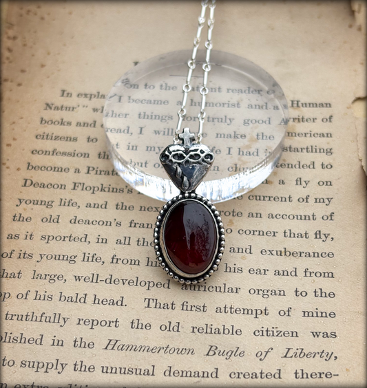 Sanguinem cor~Handcrafted sterling and fine silver bleeding heart & Garnet necklace~