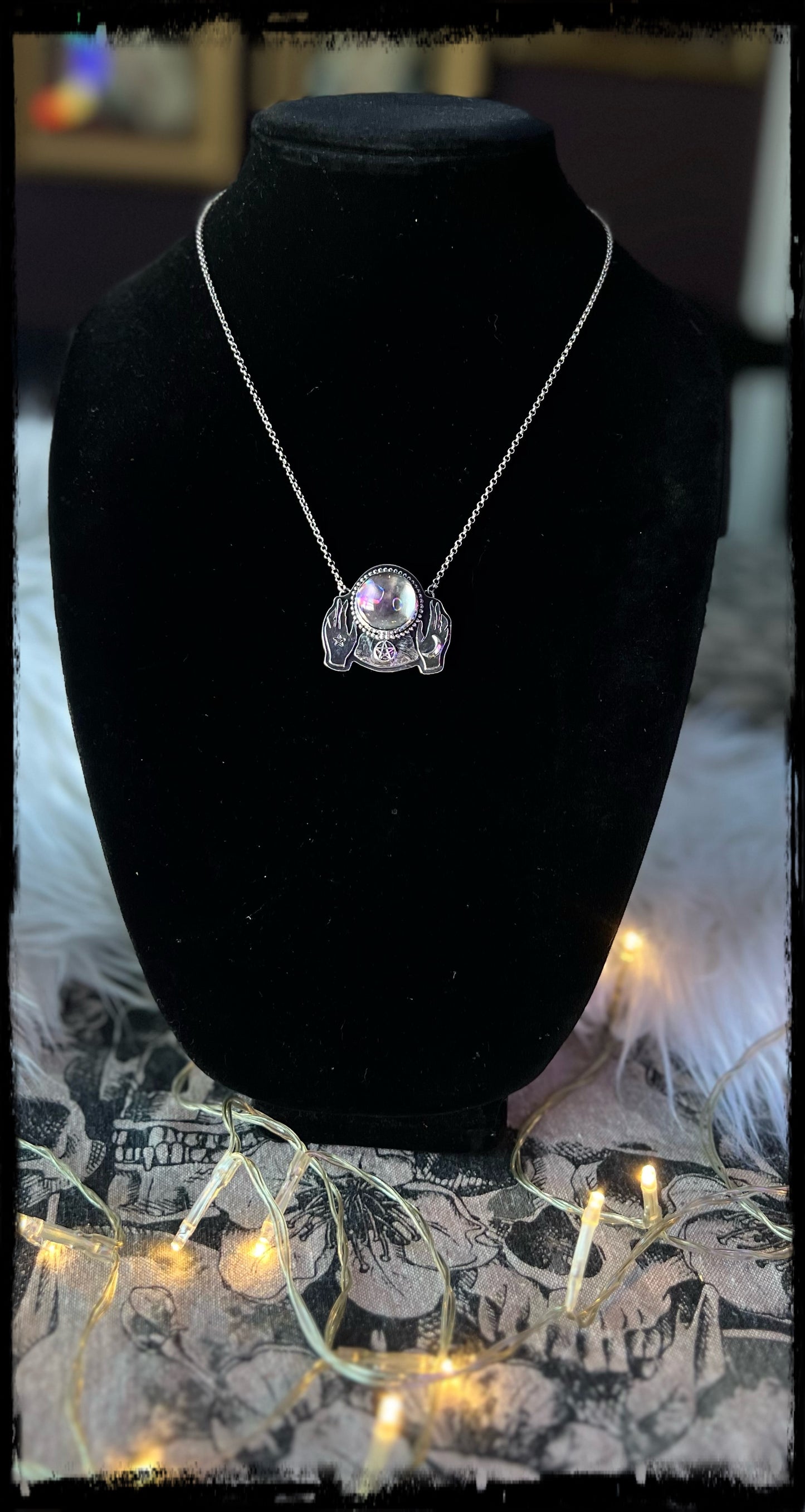 Crystal visions I ~ handcrafted  sterling silver crystal ball, fortuneteller statement necklace with rainbow inclusion quartz crystal~