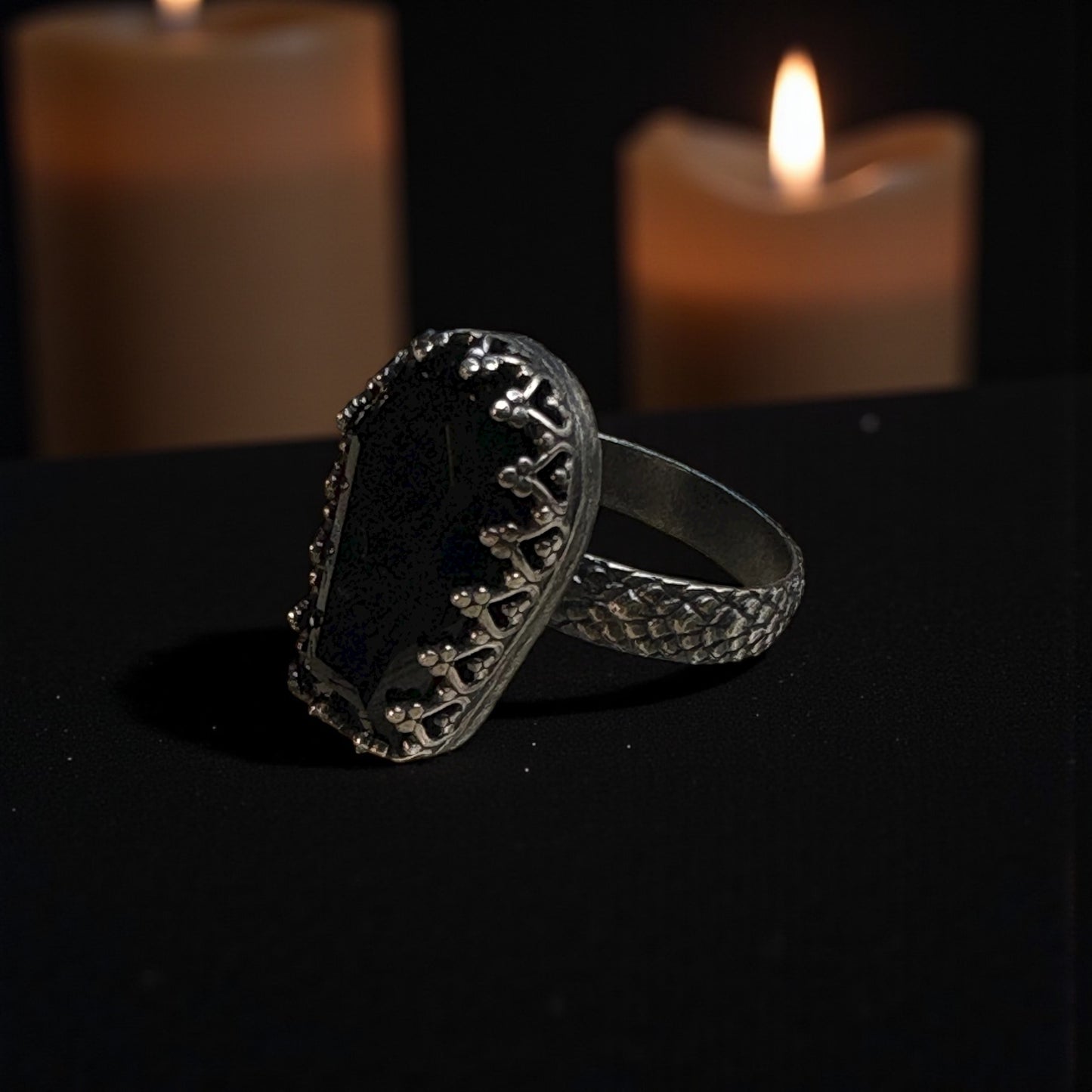 Haunted~Sterling and fine Silver coffin cut Obsidian ring size 9~