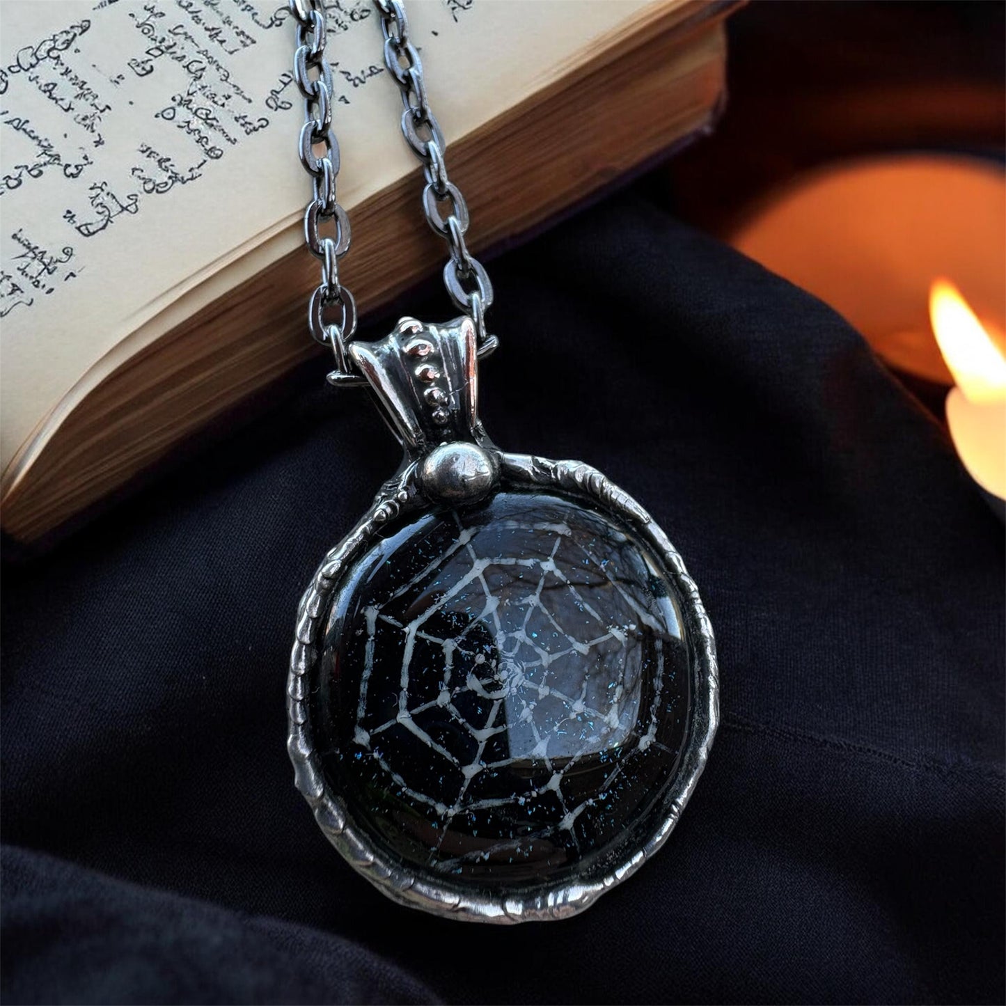 Handcrafted Tiffany technique Dichroic glass fused spiderweb necklace~