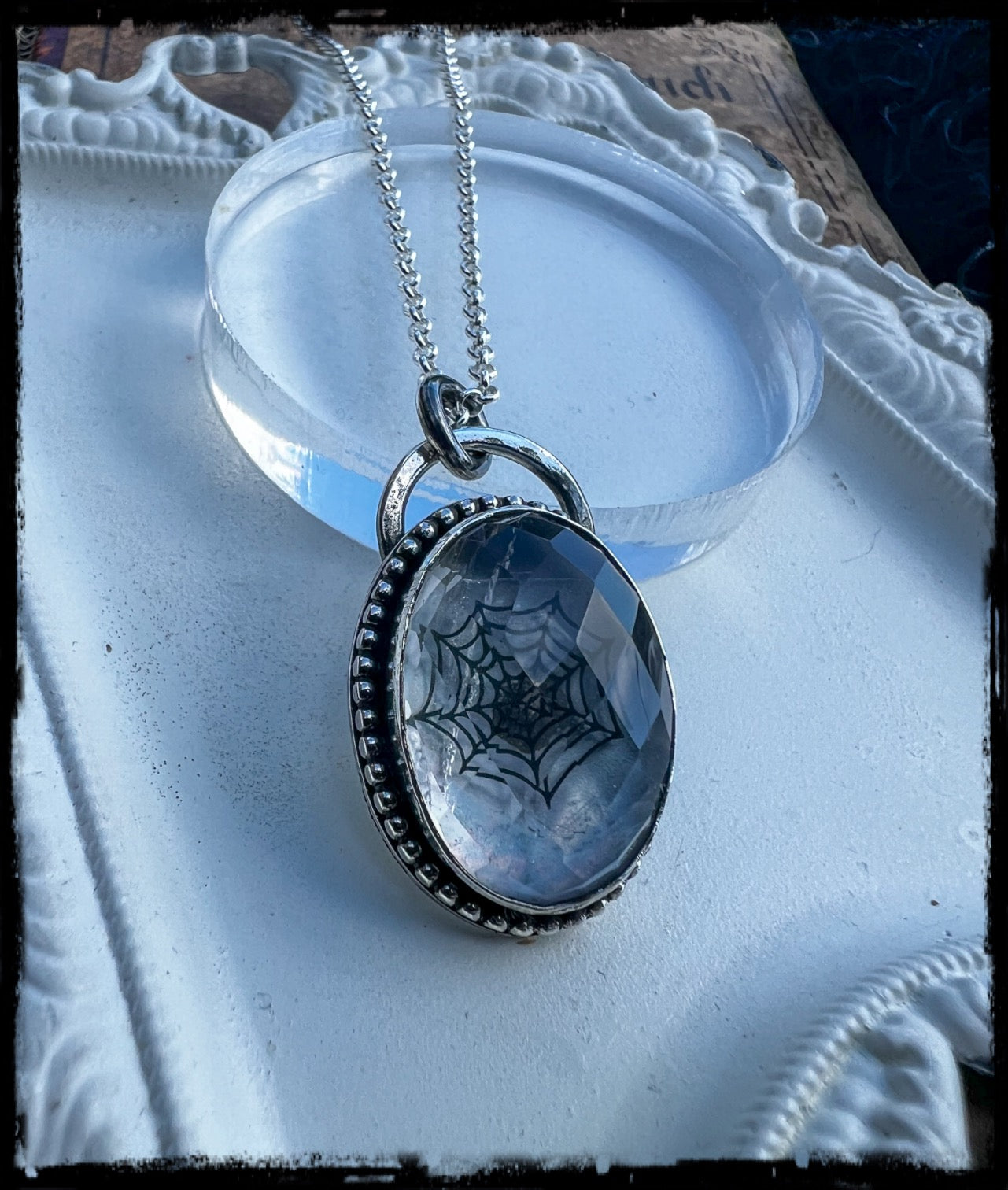 Handcrafted sterling and fine silver rose cut Himalayan quartz doublet with encased spiderweb etching pendant necklace ~