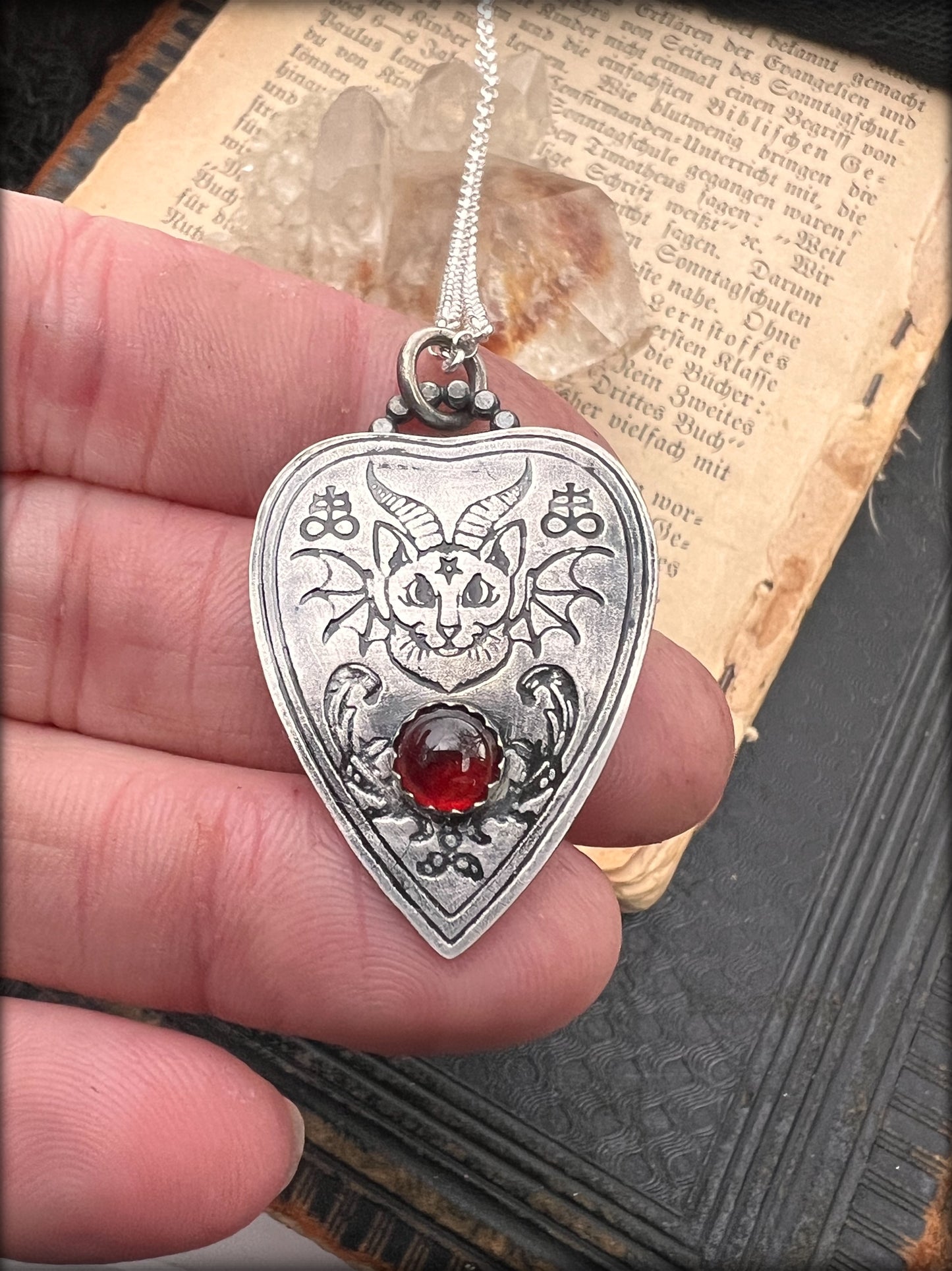 Bone church~MEDIUM ~(Baphomet kitty with garnet ) Sterling silver ouija board plancette necklace ~