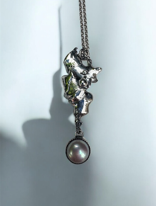 The Dreamroot Charm necklace~ Brutalist Sterling Silver Pendant with Biwa Pearl~
