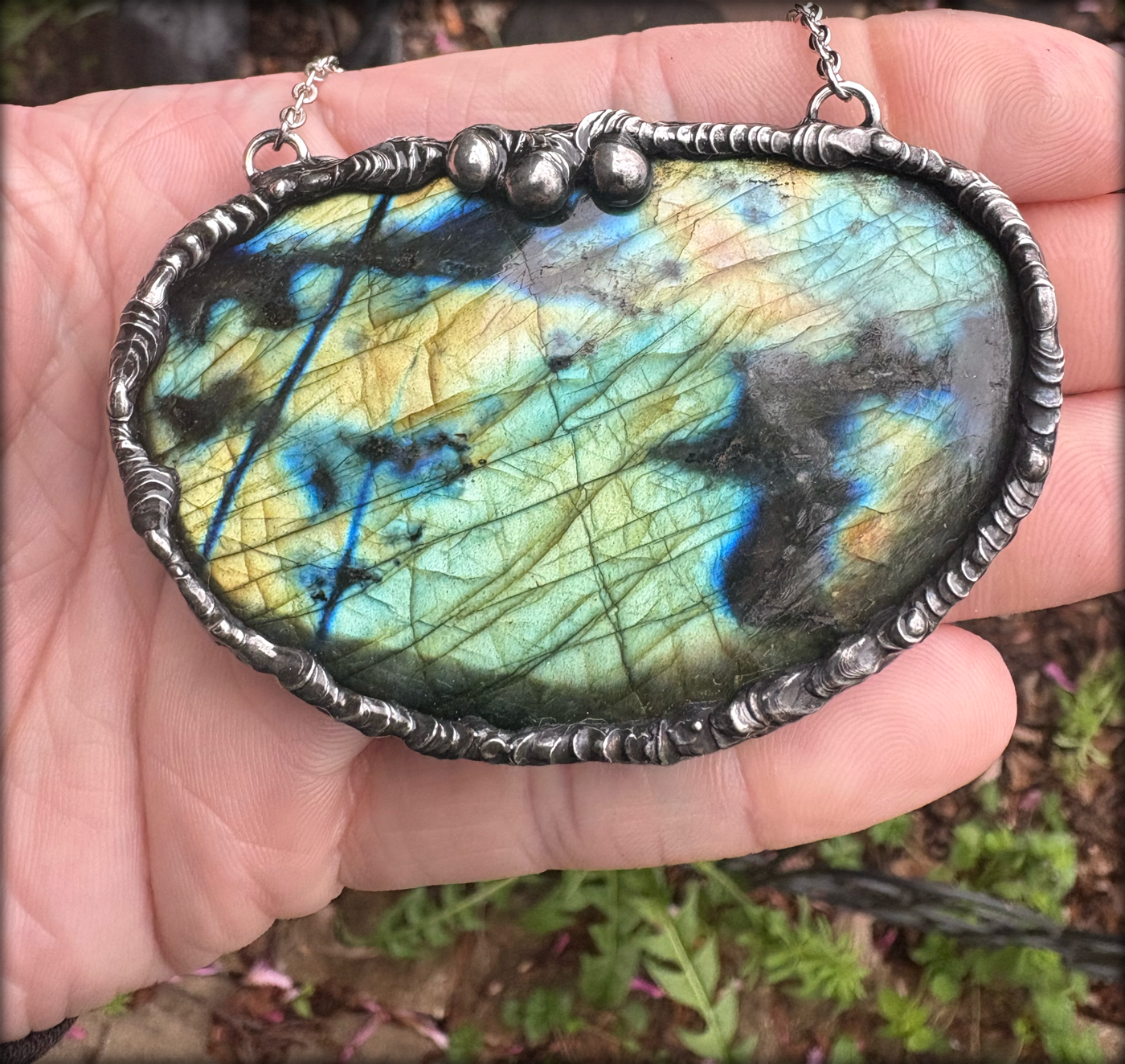 Aurora borealis~Handcrafted labradorite Tiffany technique large statement necklace ~