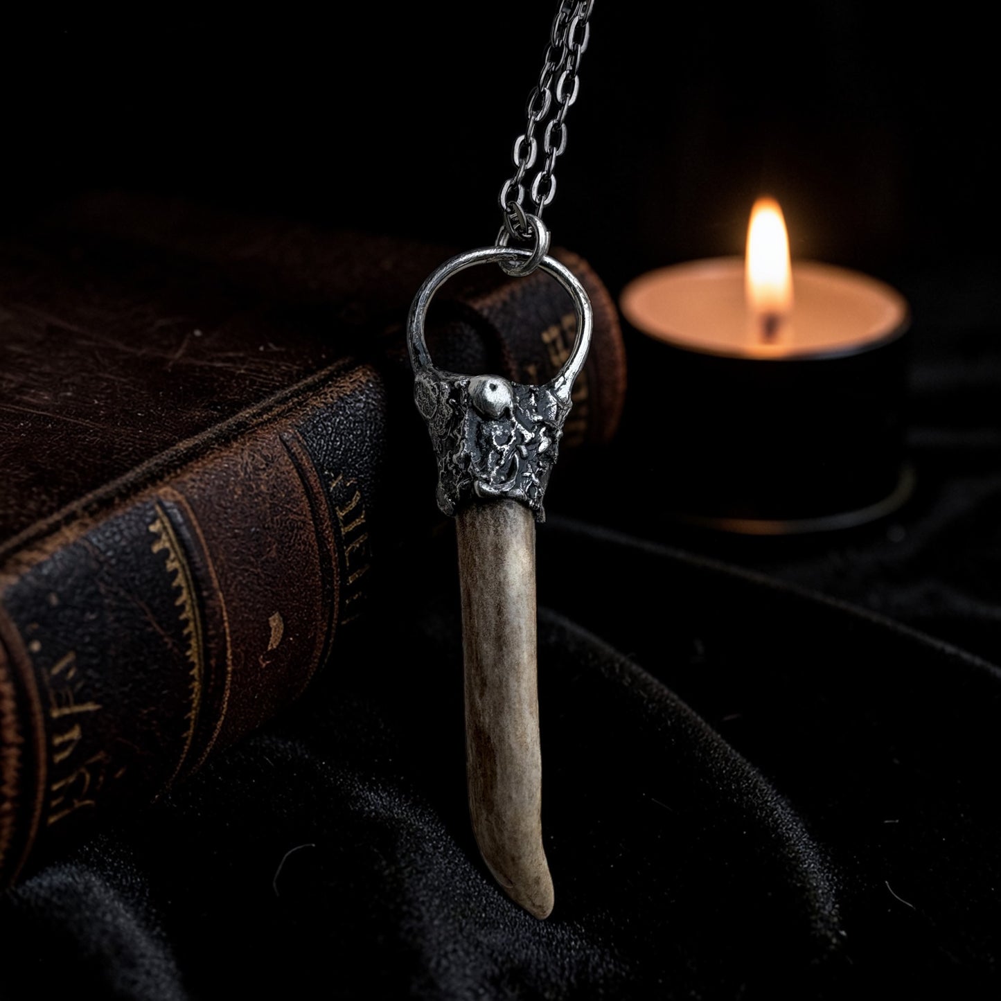 Brutalist style ~Hand crafted Tiffany technique naturally shed deer antler Talisman necklace~