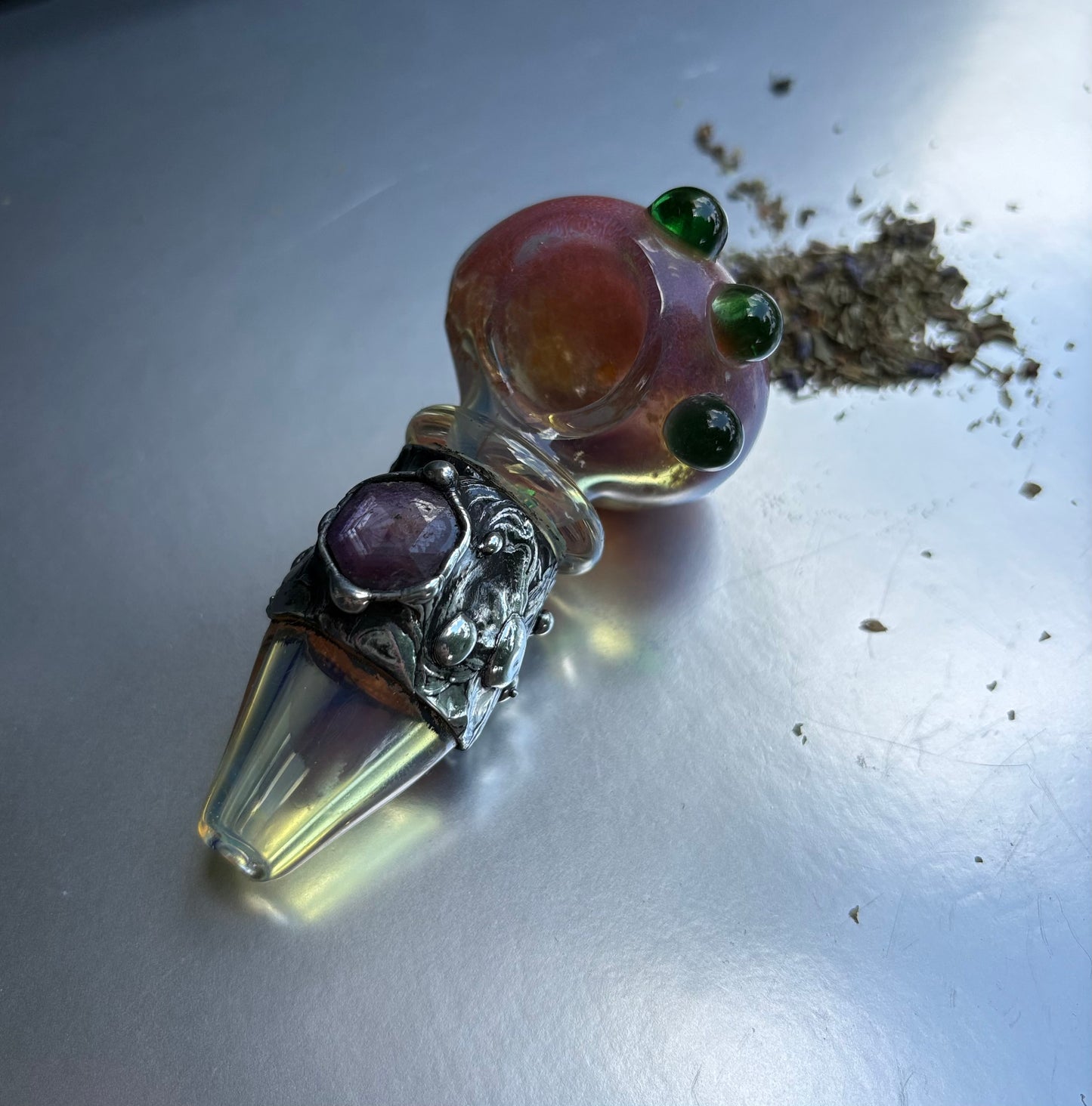Stoned Alchemy -Ceremonial herb vessel(pipe)molten metal & ruby sapphire-
