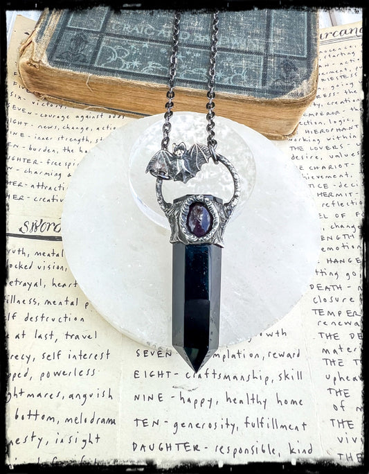 Nocturne~ Obsidian & garnet bat crystal necklace~