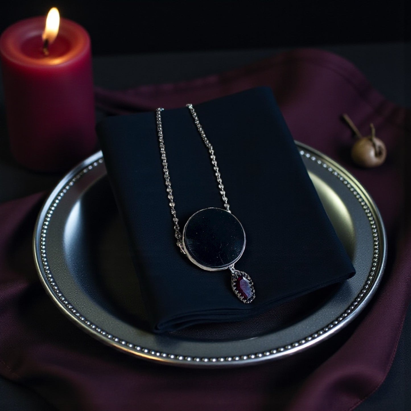 The Obsidian Veil-obsidian scrying mirror with coffin cut garnet Sterling silver necklace-