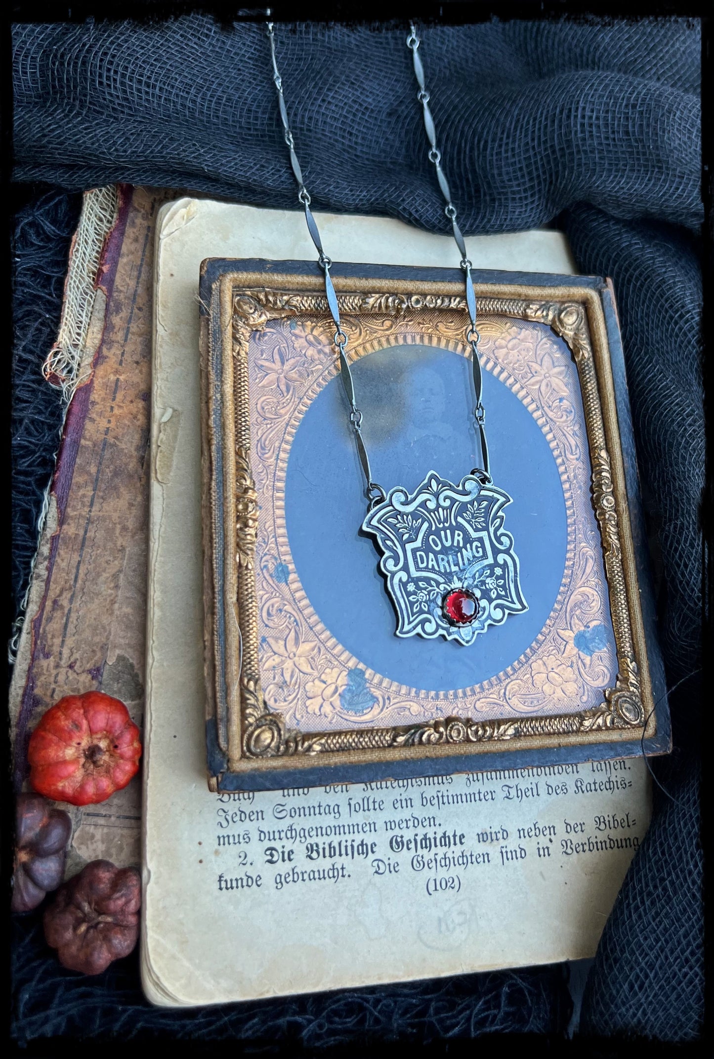 Victorian our darling coffin escutcheon~sterling silver & garnet layering necklace~