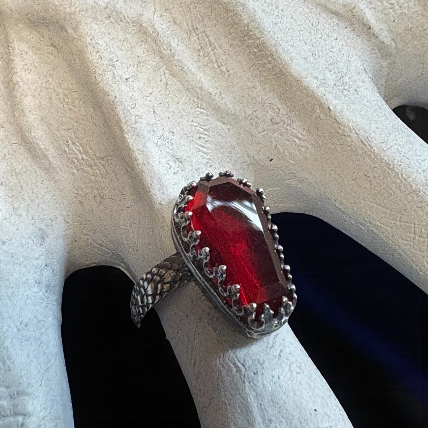 Haunted~Sterling and fine Silver coffin cut garnet ring size 6.5