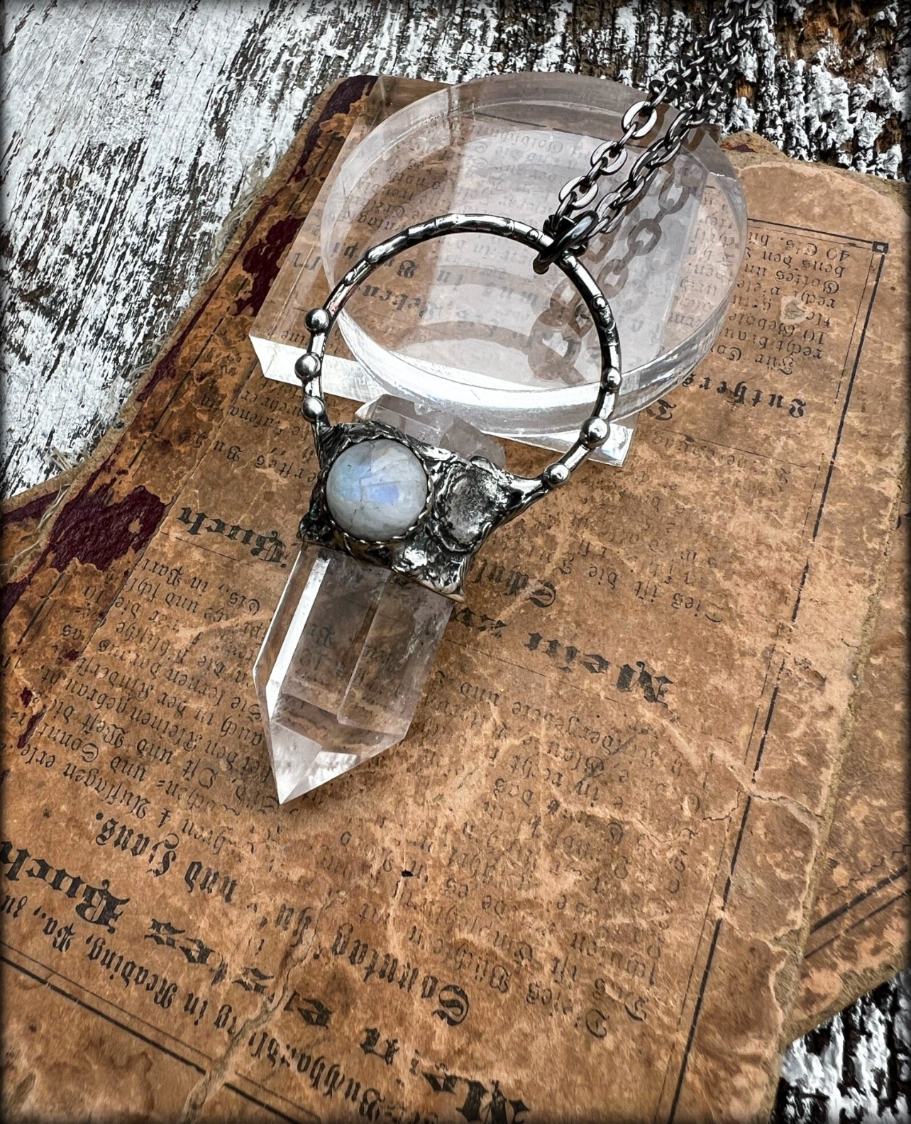 Tranquility ~Clear quartz & rainbow moonstone crystal Tiffany Technique Talisman necklace~