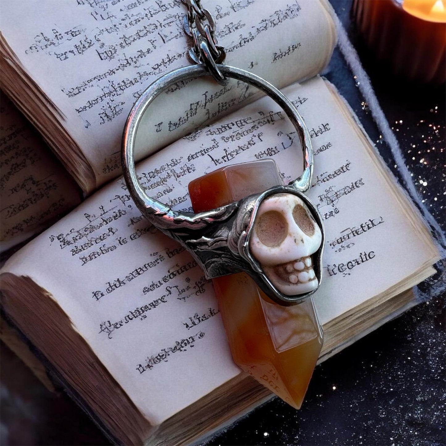 Bone Daddy~ handcrafted, Tiffany technique obsidian crystal and Howlite skull Talisman necklace ~