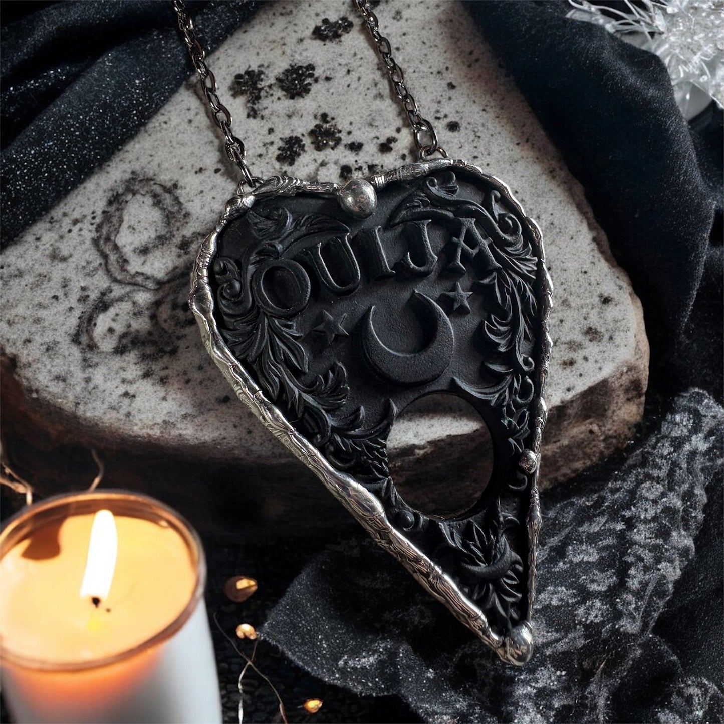 Oracle~Handcrafted resin Ouija board plancette Tiffany technique necklace~