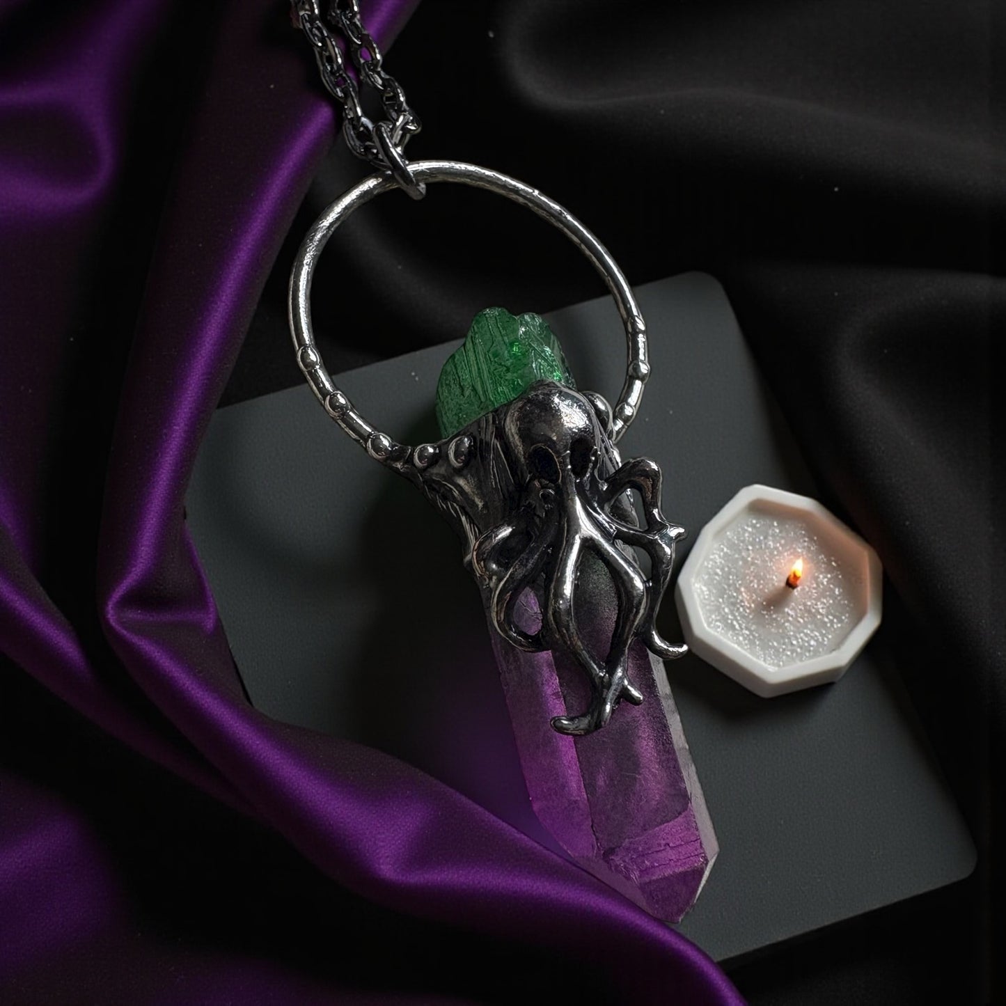 Lovecraft-ombré fushia and green sea creature Tiffany technique Crystal talisman necklace-