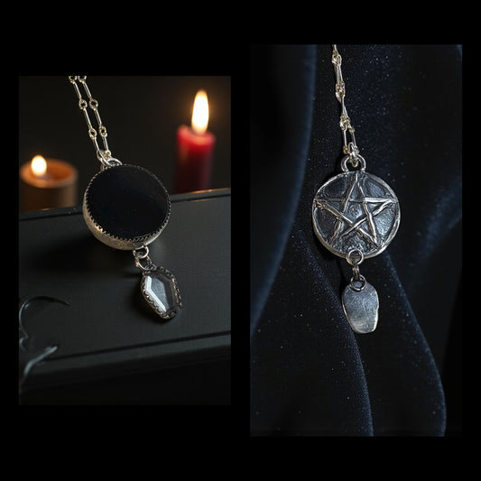 -The Unseen Pact -obsidian scrying mirror with reverse pentacle & ￼coffin cut clear quartz hanging setting Sterling silver necklace-