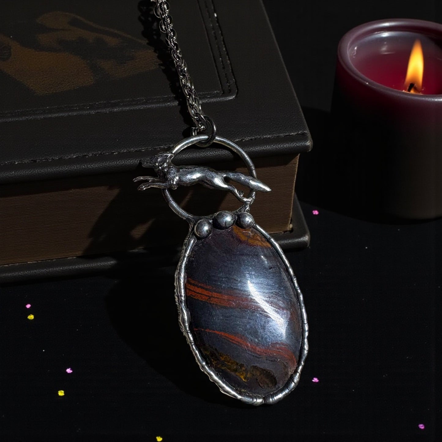 Kintsune~Moss agate fox Amulet statement necklace~