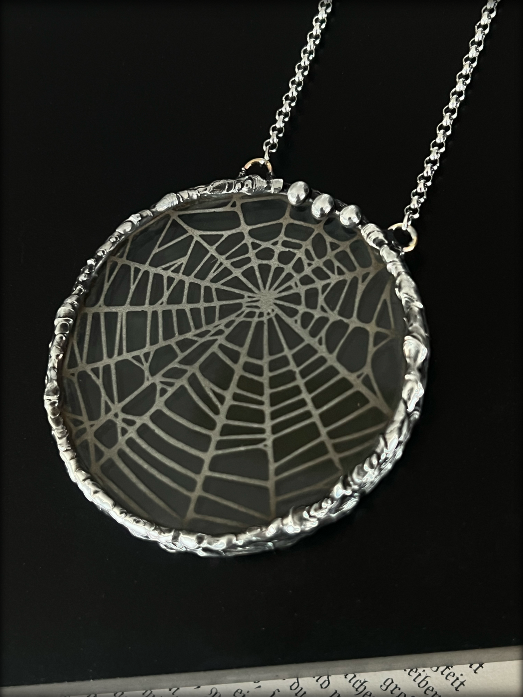 Handcrafted, Tiffany technique, uranium glass, spiderweb, etched statement necklace~