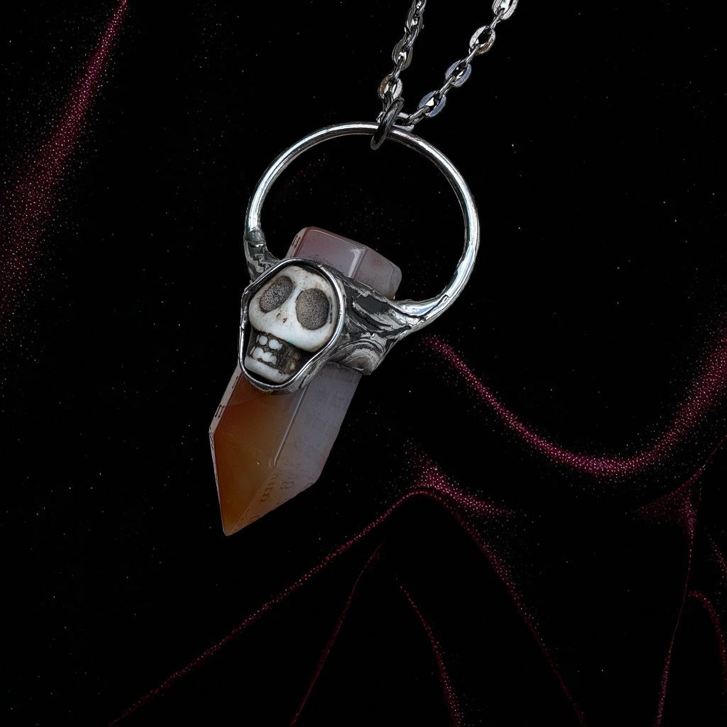 Handcrafted red carnelian and howlight carved skull crystal talisman necklace~