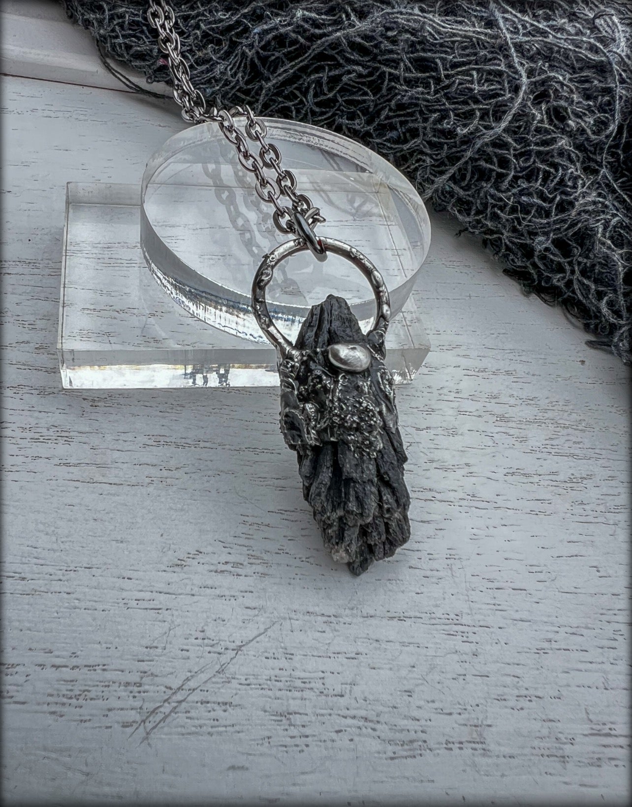 Brutalist style ~black kyanite fan crystal Tiffany Technique Talisman necklace~