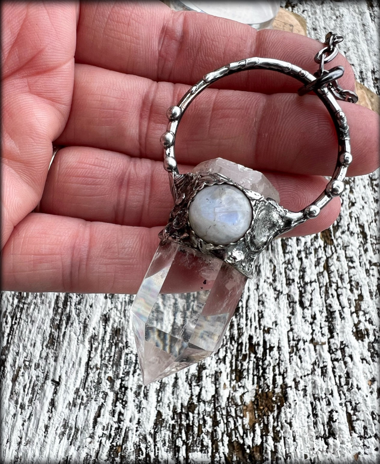 Tranquility ~Clear quartz & rainbow moonstone crystal Tiffany Technique Talisman necklace~