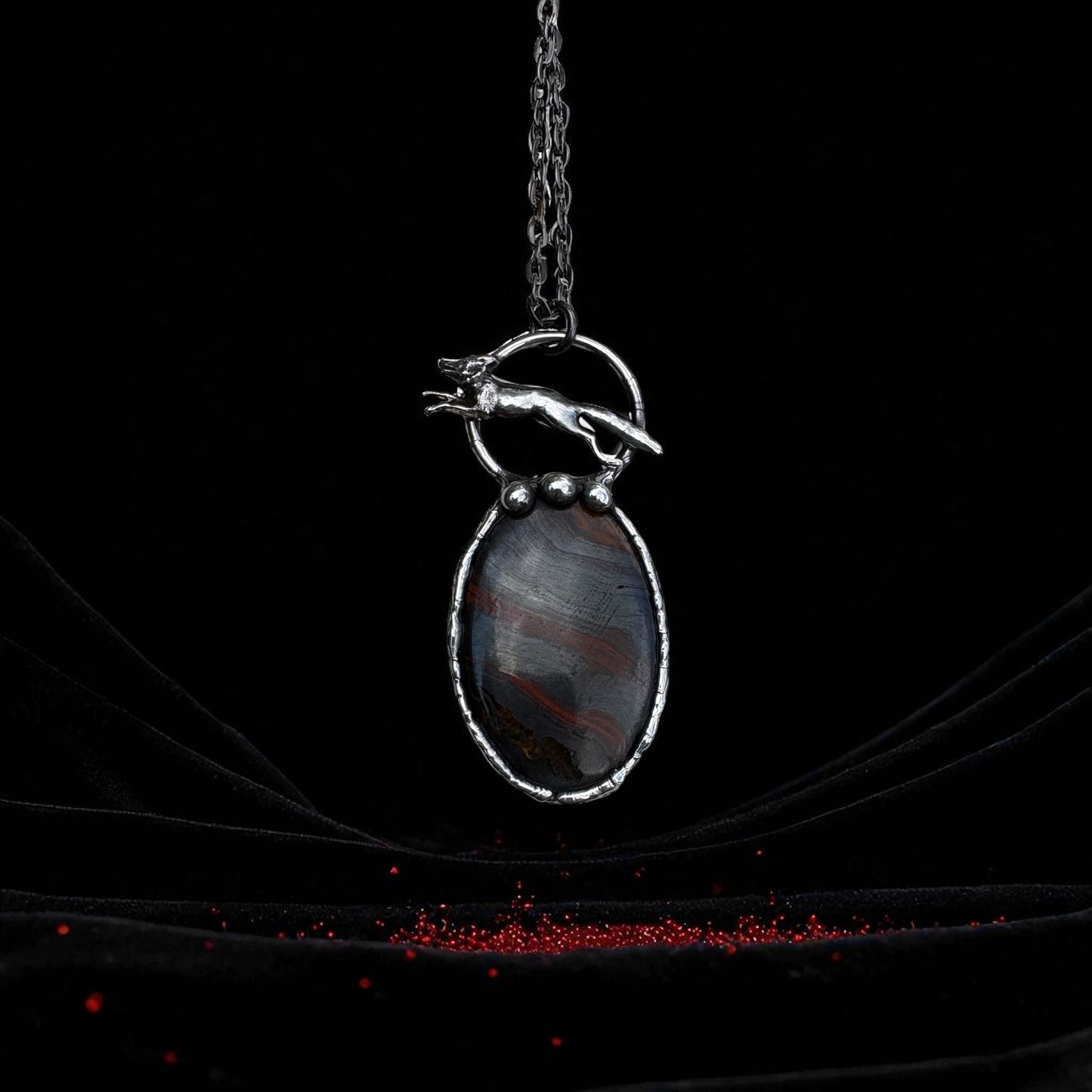 Foxfire– red tiger’s eye Necklace with Leaping Fox | Tiffany Technique