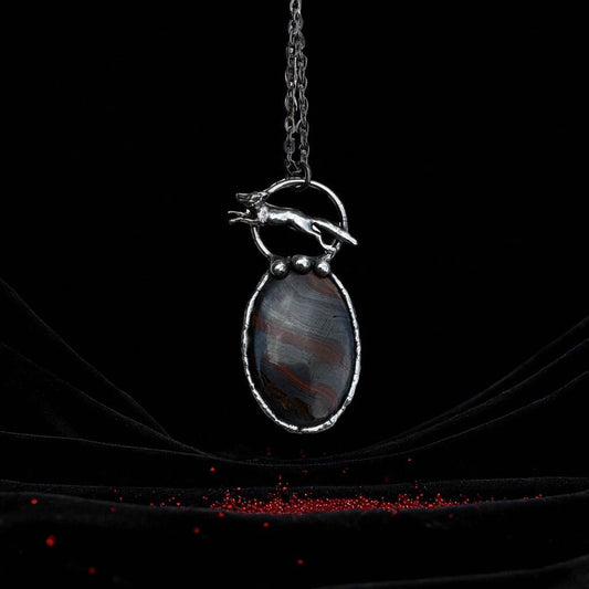 Foxfire– red tiger’s eye Necklace with Leaping Fox Tiffany Technique