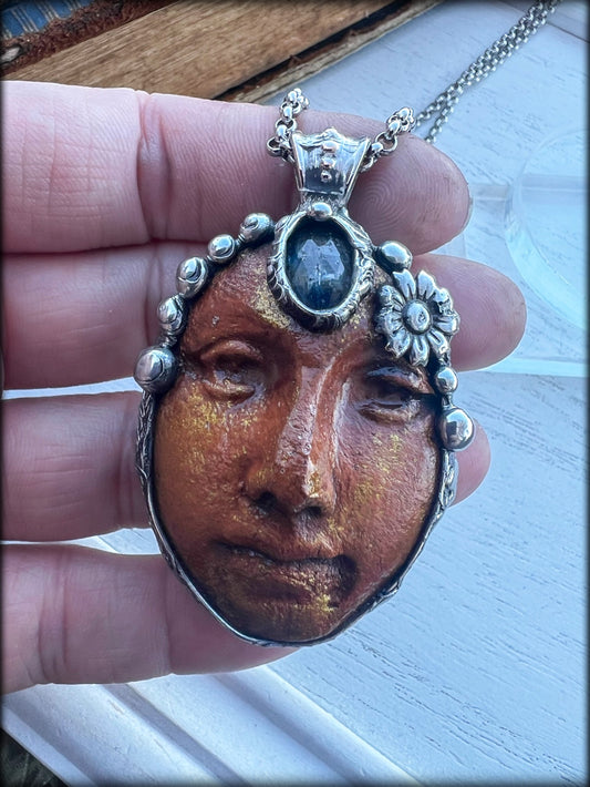 Spring goddess~hand crafted artisan crafted mask with rose teal kyanite Tiffany technique pendant necklace~