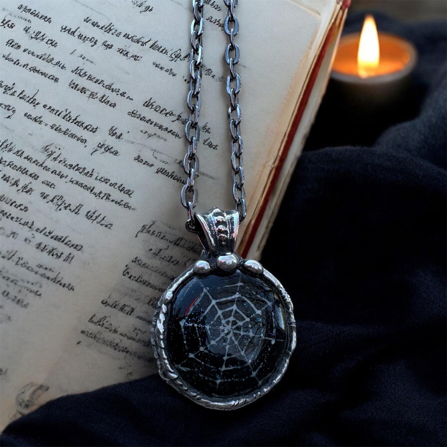 Handcrafted Tiffany technique Dichroic glass fused spiderweb necklace~