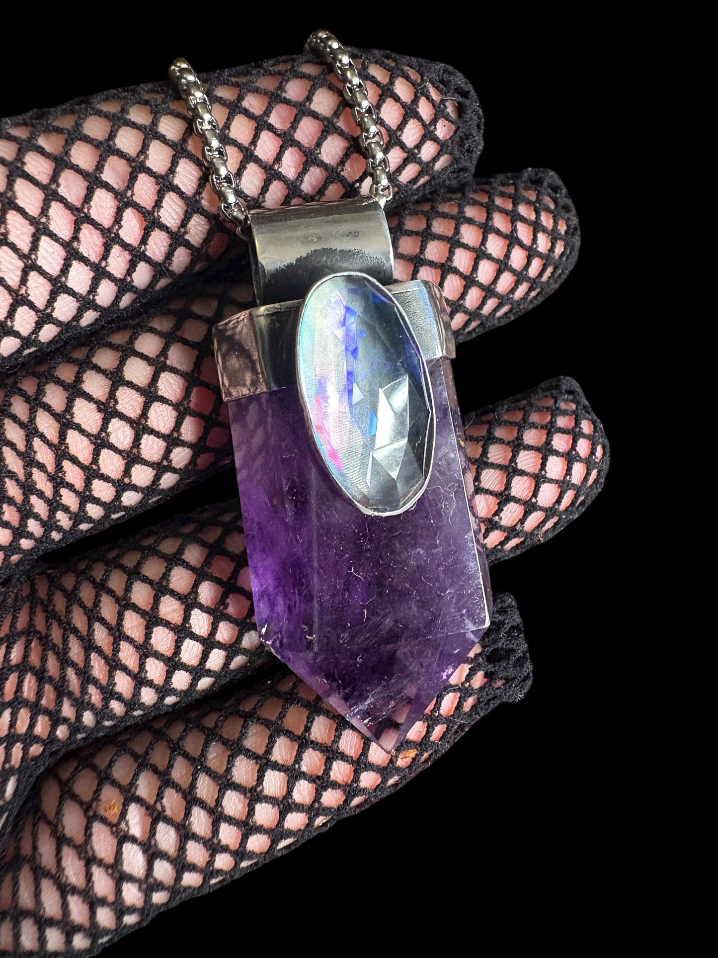 Arcana~Hand crafted sterling & fine silver amethyst faceted rainbow quartz crystal necklace~
